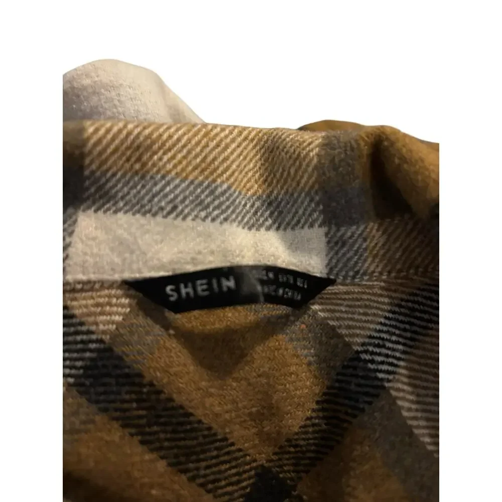 SHEIN Tan & Cream Plaid Flannel Button Up Size M